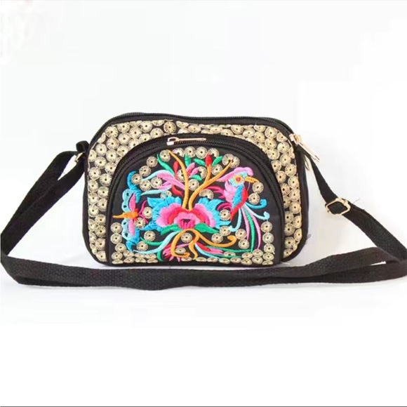 Handbags - Floral Embroidery Crossbody Bag, Mini Multi Layer Coin Purse,